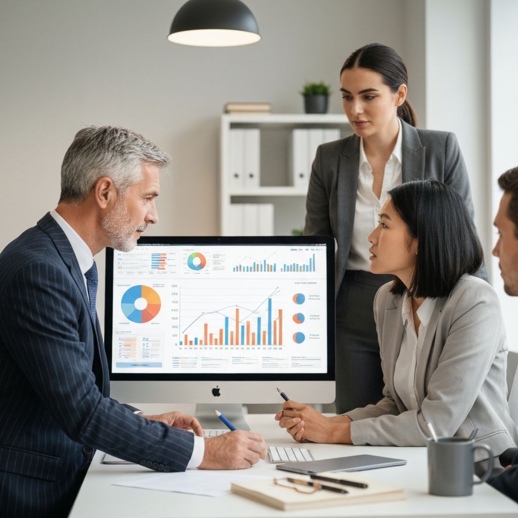 Profesionales financieros analizando datos en computadora con gráficos de crecimiento patrimonial y rentabilidad