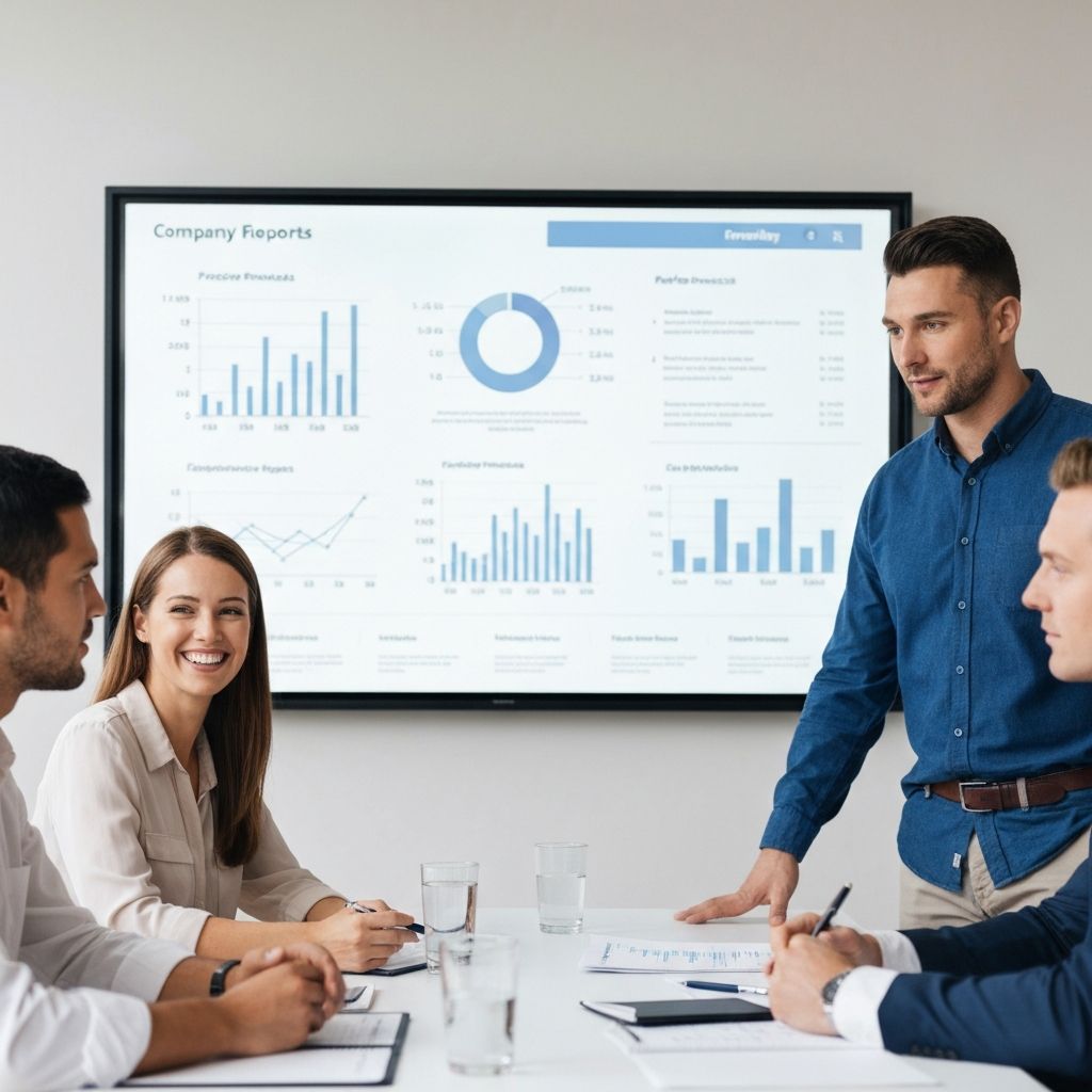 Equipo directivo analizando reportes financieros de empresa familiar en sala de juntas profesional