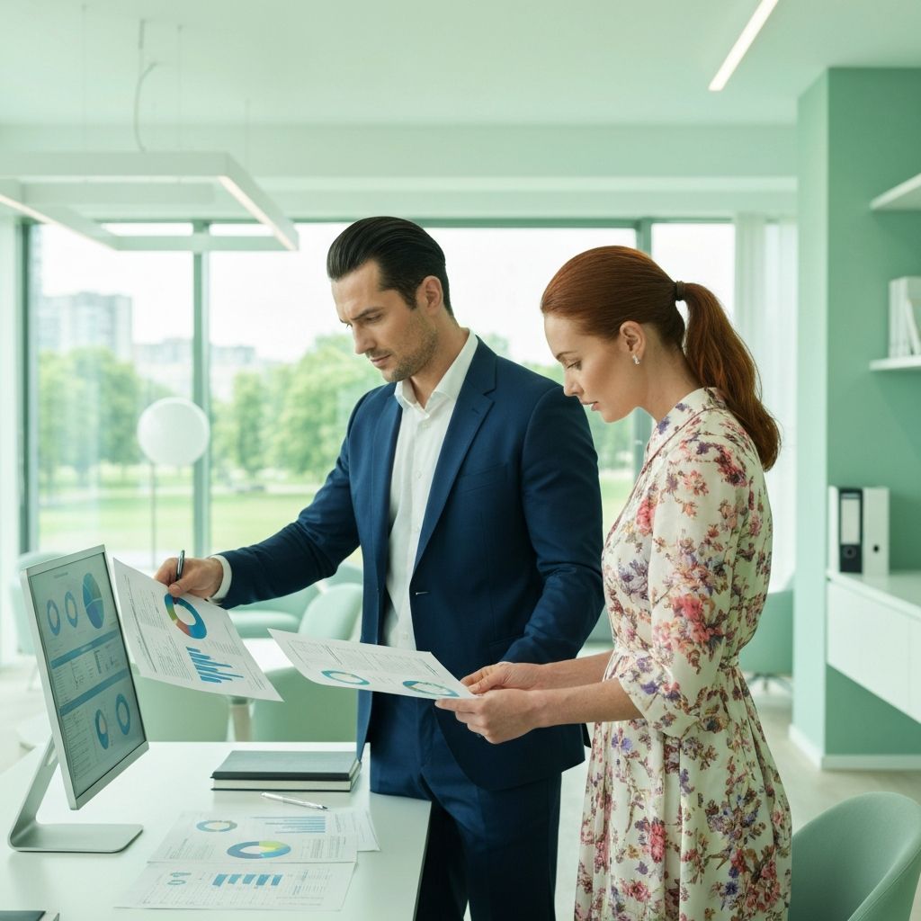 Familia empresaria revisando documentos financieros en oficina profesional con gráficos y reportes de negocio