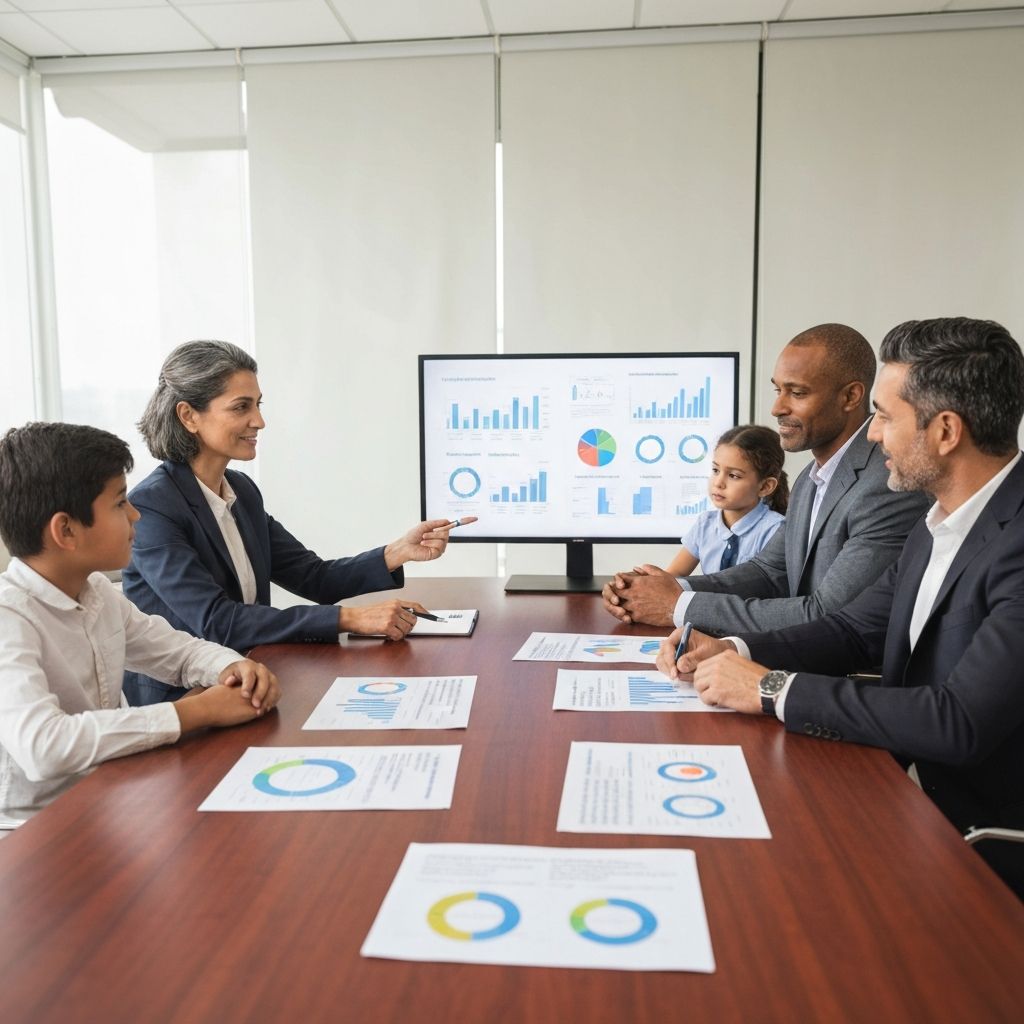 Consultor financiero explicando plan patrimonial a familia empresaria en oficina de consultoría moderna